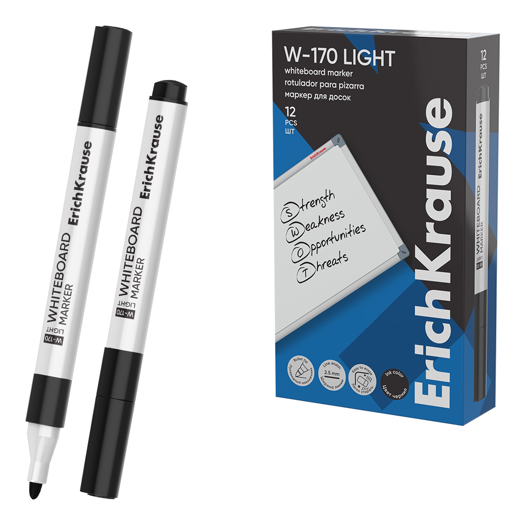 Маркер для досок ErichKrause W-170 Light, цвет чернил черный (в коробке по 12 Маркер для досок ErichKrause W-170 Light, цвет чернил черный (в коробке по 12