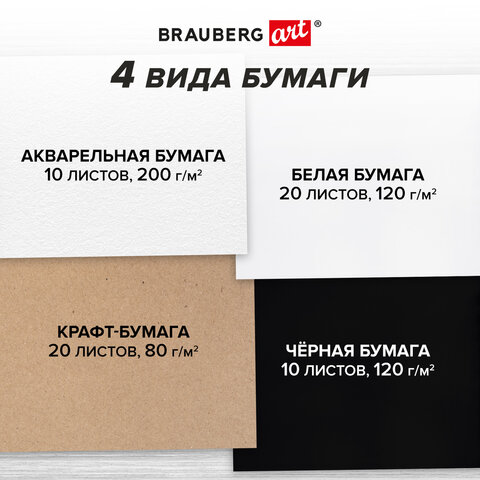 Скетчбук, 4 типа бумаги (акварельная, белая, черная, крафт) 146х204 мм, 60 л., Скетчбук, 4 типа бумаги (акварельная, белая, черная, крафт) 146х204 мм, 60 л.,