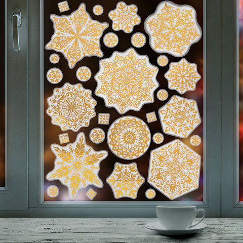 Наклейка для окон, 116 СНЕЖИНОК, КОМПЛЕКТ 4 шт., 30х38 см, металлик, золото, Наклейка для окон, 116 СНЕЖИНОК, КОМПЛЕКТ 4 шт., 30х38 см, металлик, золото,