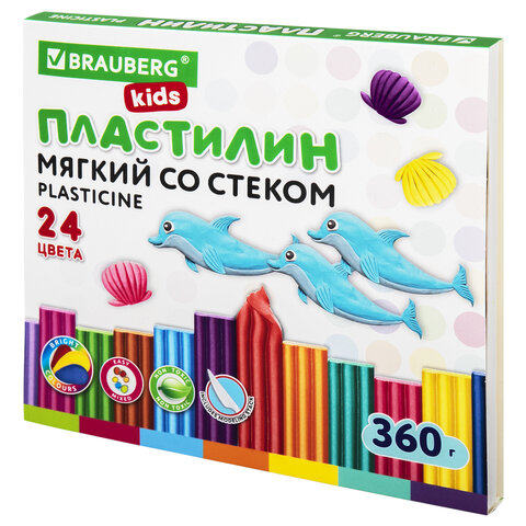 Пластилин мягкий восковой BRAUBERG KIDS, 24 цвета, 360 г, со стеком, 106498 Пластилин мягкий восковой BRAUBERG KIDS, 24 цвета, 360 г, со стеком, 106498