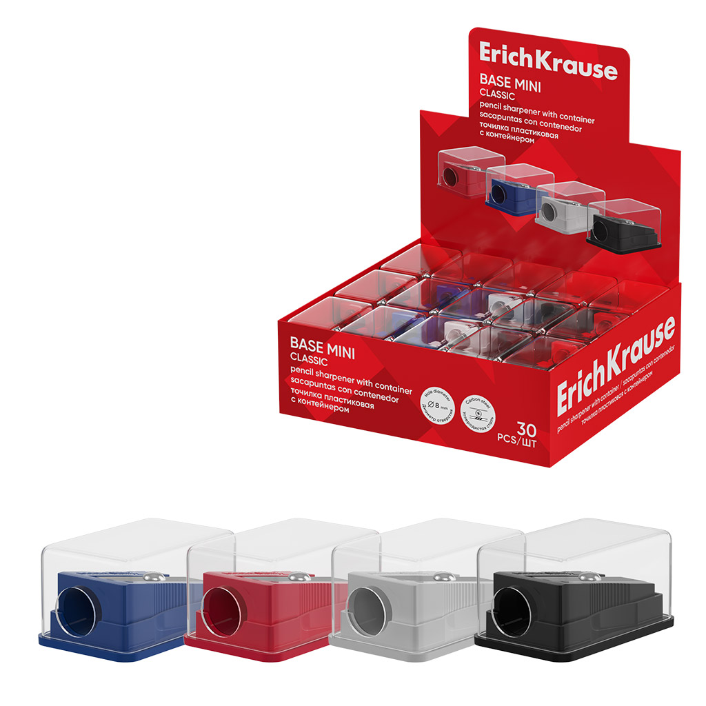 Точилка пластиковая ErichKrause Base Mini, Classic, с контейнером, ассорти (в Точилка пластиковая ErichKrause Base Mini, Classic, с контейнером, ассорти (в