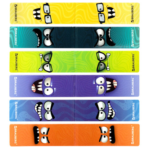 Закладки для книг МАГНИТНЫЕ, "МОНСТРИКИ", набор 6 штук, 60x20 мм,