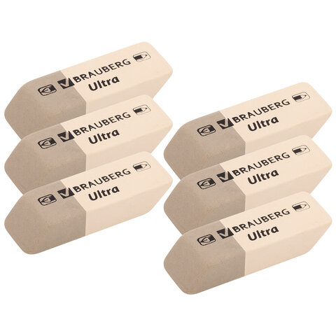 Ластики BRAUBERG "Ultra" 6 шт., размер ластика 41х14х8 мм, серо-белые, Ластики BRAUBERG "Ultra" 6 шт., размер ластика 41х14х8 мм, серо-белые,