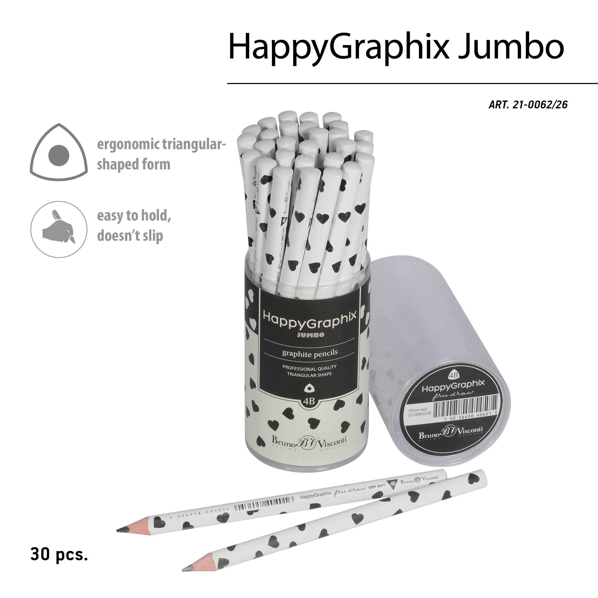 КАРАНДАШ ЧЕРНОГРАФИТОВЫЙ "HappyGraphix Jumbo. Монохром. Сердечки" 4В,