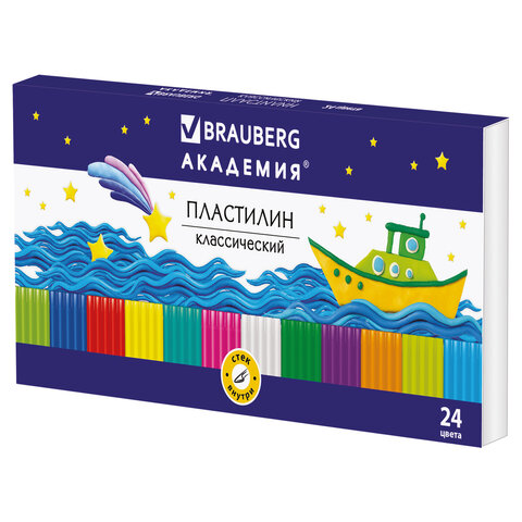 Пластилин классический BRAUBERG "АКАДЕМИЯ", 24 цвета, 480 г, со