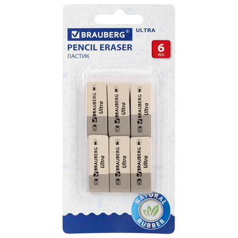 Ластики BRAUBERG "Ultra" 6 шт., размер ластика 41х14х8 мм, серо-белые, Ластики BRAUBERG "Ultra" 6 шт., размер ластика 41х14х8 мм, серо-белые,