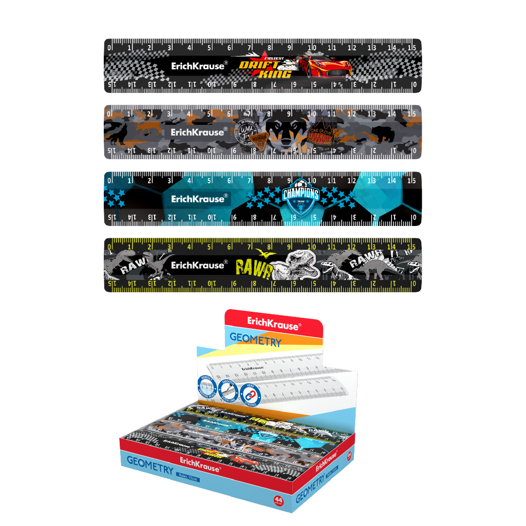 Линейка пластиковая ErichKrause®, 15см, ассорти из 4 дизайнов, в коробке-дисплее Линейка пластиковая ErichKrause®, 15см, ассорти из 4 дизайнов, в коробке-дисплее