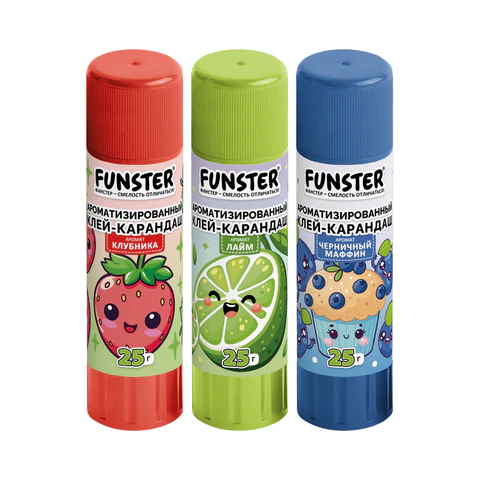 Клей-карандаш ароматизированный FUNSTER (ФАНСТЕР), клубника, лайм, черничный Клей-карандаш ароматизированный FUNSTER (ФАНСТЕР), клубника, лайм, черничный
