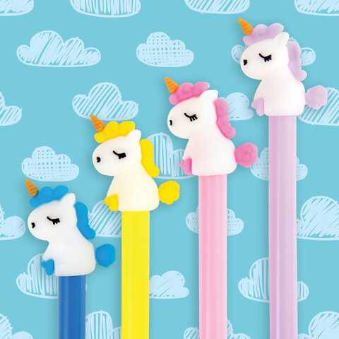 Ручка с топпером шариковая ЮНЛАНДИЯ "Единорог", корпус ассорти, СИНЯЯ,