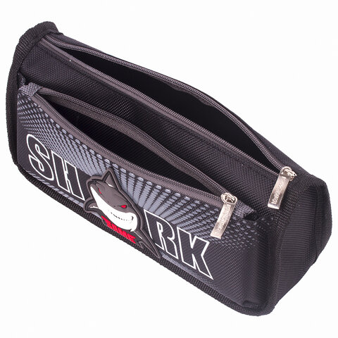 Пенал ЮНЛАНДИЯ, 2 отделения, полиэстер, "Shark", черный, 21х6х9 см,