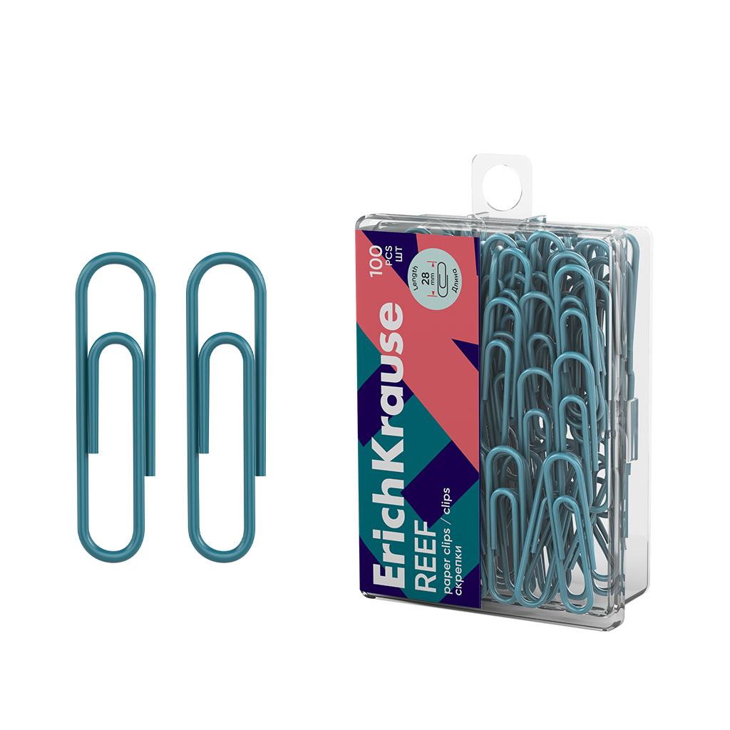 Скрепки металлические с виниловым покрытием ErichKrause Reef, 28мм, бирюзовый (в Скрепки металлические с виниловым покрытием ErichKrause Reef, 28мм, бирюзовый (в