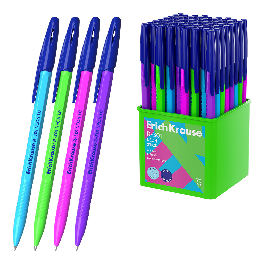 Ручка шариковая ErichKrause R-301 Stick Neon 1.0, цвет чернил синий (в стакане Ручка шариковая ErichKrause R-301 Stick Neon 1.0, цвет чернил синий (в стакане