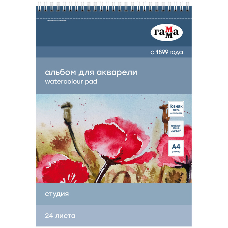 Альбом для акварели 24л., А4, на спирали Гамма "Студия", 200г/м2, Альбом для акварели 24л., А4, на спирали Гамма "Студия", 200г/м2,