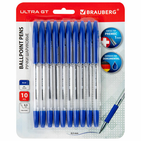 Ручки шариковые с грипом BRAUBERG "ULTRA GT", НАБОР 10 ШТУК, СИНИЕ,