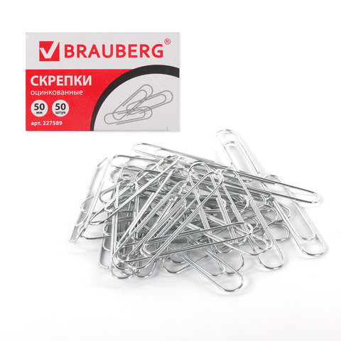 Скрепки BRAUBERG, 50 мм, оцинкованные, 50 шт., в картонной коробке, 227589 Скрепки BRAUBERG, 50 мм, оцинкованные, 50 шт., в картонной коробке, 227589