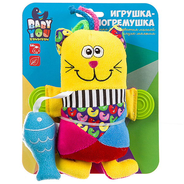 Мягкая игрушка-погремушка "КОТ" с прорезывателями 16см, Baby You Мягкая игрушка-погремушка "КОТ" с прорезывателями 16см, Baby You