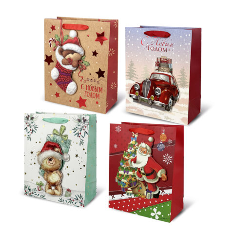 Пакет подарочный НАБОР 4 штуки новогодний 26x32x13см, "3D Large", Пакет подарочный НАБОР 4 штуки новогодний 26x32x13см, "3D Large",