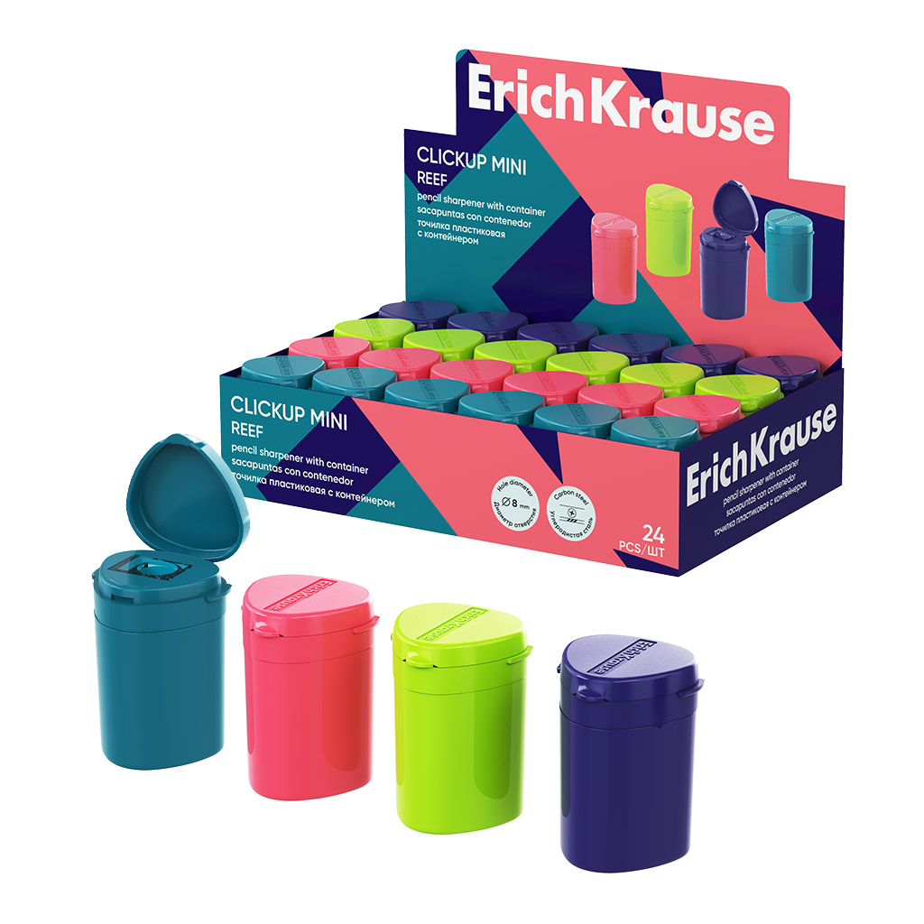 Точилка пластиковая ErichKrause ClickUp Mini, Reef, с контейнером, ассорти (в Точилка пластиковая ErichKrause ClickUp Mini, Reef, с контейнером, ассорти (в