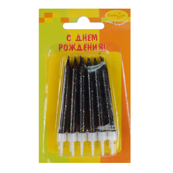 Свечи Черные с блестками 6см с держателями 12шт Свечи Черные с блестками 6см с держателями 12шт