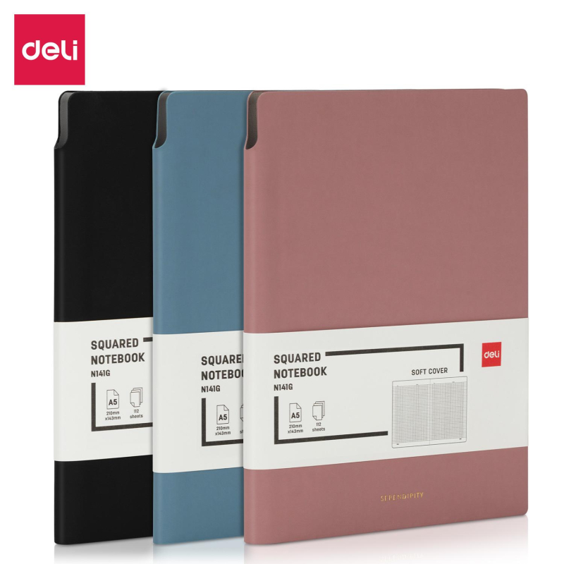 Блокнот Deli А5 112л 80 г/м, мягкая обложка, клетка 5x5мм, черный, кожа EN141G Блокнот Deli А5 112л 80 г/м, мягкая обложка, клетка 5x5мм, черный, кожа EN141G