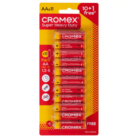 Батарейки солевые "пальчиковые" КОМПЛЕКТ 10+1 шт., CROMEX (КРОМЕКС) Батарейки солевые "пальчиковые" КОМПЛЕКТ 10+1 шт., CROMEX (КРОМЕКС)