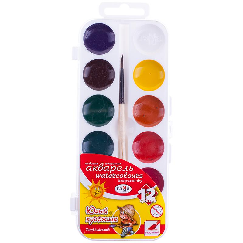 Акварель Гамма "Юный художник", медовая, 12 цветов, с кистью, пластик, Акварель Гамма "Юный художник", медовая, 12 цветов, с кистью, пластик,