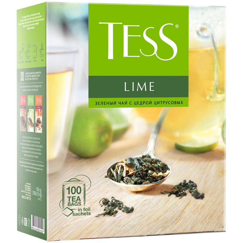 Чай Tess "Lime", зеленый с цедрой цитрусовых, 100 фольг. пакетиков по Чай Tess "Lime", зеленый с цедрой цитрусовых, 100 фольг. пакетиков по
