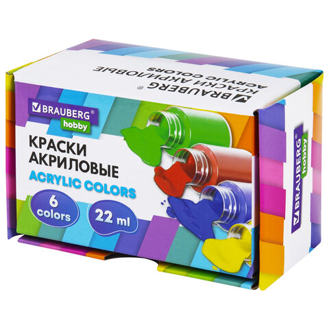 Краски акриловые художественные 6 цветов в банках по 22 мл, BRAUBERG HOBBY, Краски акриловые художественные 6 цветов в банках по 22 мл, BRAUBERG HOBBY,
