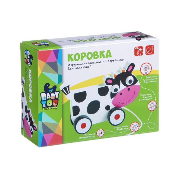 Игрушка деревянная, каталка с веревочкой Коровка, Bondibon, BOX 17х6х14,2 см., Игрушка деревянная, каталка с веревочкой Коровка, Bondibon, BOX 17х6х14,2 см.,