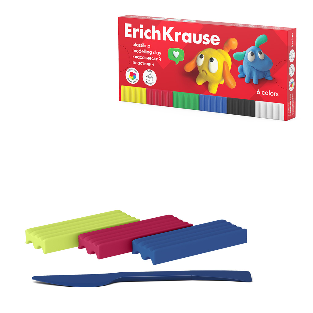 Пластилин классический Erich Krause Jolly Friends 6 цветов со стеком, 108 г. (в Пластилин классический Erich Krause Jolly Friends 6 цветов со стеком, 108 г. (в