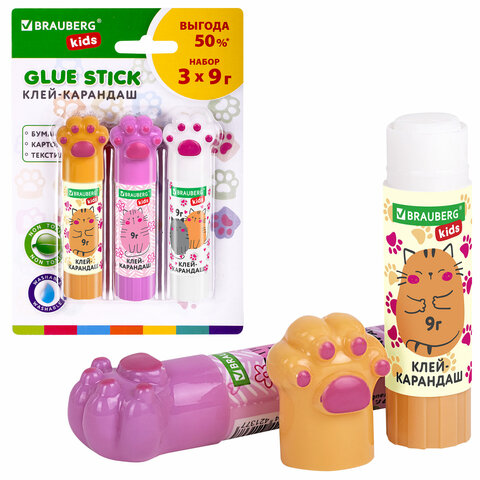 Клей-карандаш "Лапки" Cat Paw 9 г, фигурный колпачок, 3 шт. на