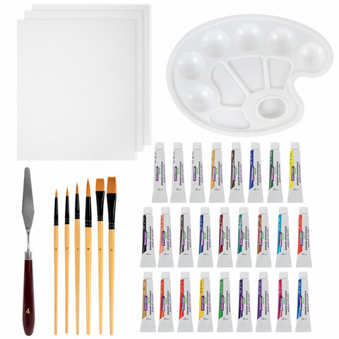 Краски акриловые художественные 26 шт. по 12 мл, холсты 3 шт., кисти 6 шт.,