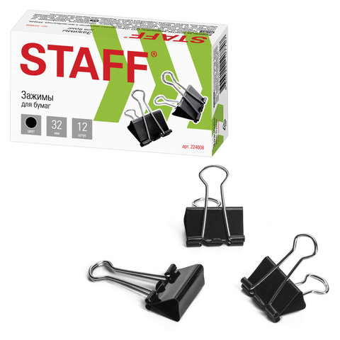Зажимы для бумаг STAFF, КОМПЛЕКТ 12 шт., 32 мм, на 140 листов, черные, картонная Зажимы для бумаг STAFF, КОМПЛЕКТ 12 шт., 32 мм, на 140 листов, черные, картонная