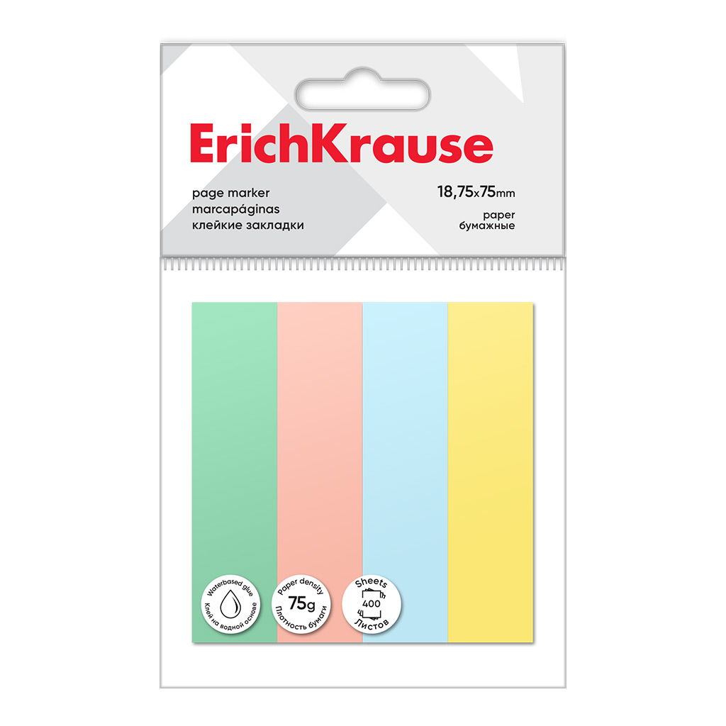 Клейкие закладки бумажные Erich Krause, 18.75x75 мм, 400 листов, 4 цвета Клейкие закладки бумажные Erich Krause, 18.75x75 мм, 400 листов, 4 цвета