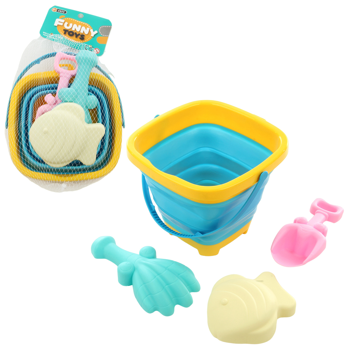 Песочный набор со складным ведром, 4 предмета, сетка Песочный набор со складным ведром, 4 предмета, сетка