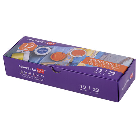 Краски акриловые художественные, НАБОР 12 штук по 22 мл в банках, BRAUBERG ART Краски акриловые художественные, НАБОР 12 штук по 22 мл в банках, BRAUBERG ART
