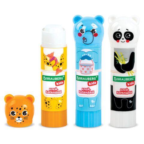Клей-карандаш "Зверята: панда, слон, леопард" 9 г, фигурный колпачок, Клей-карандаш "Зверята: панда, слон, леопард" 9 г, фигурный колпачок,