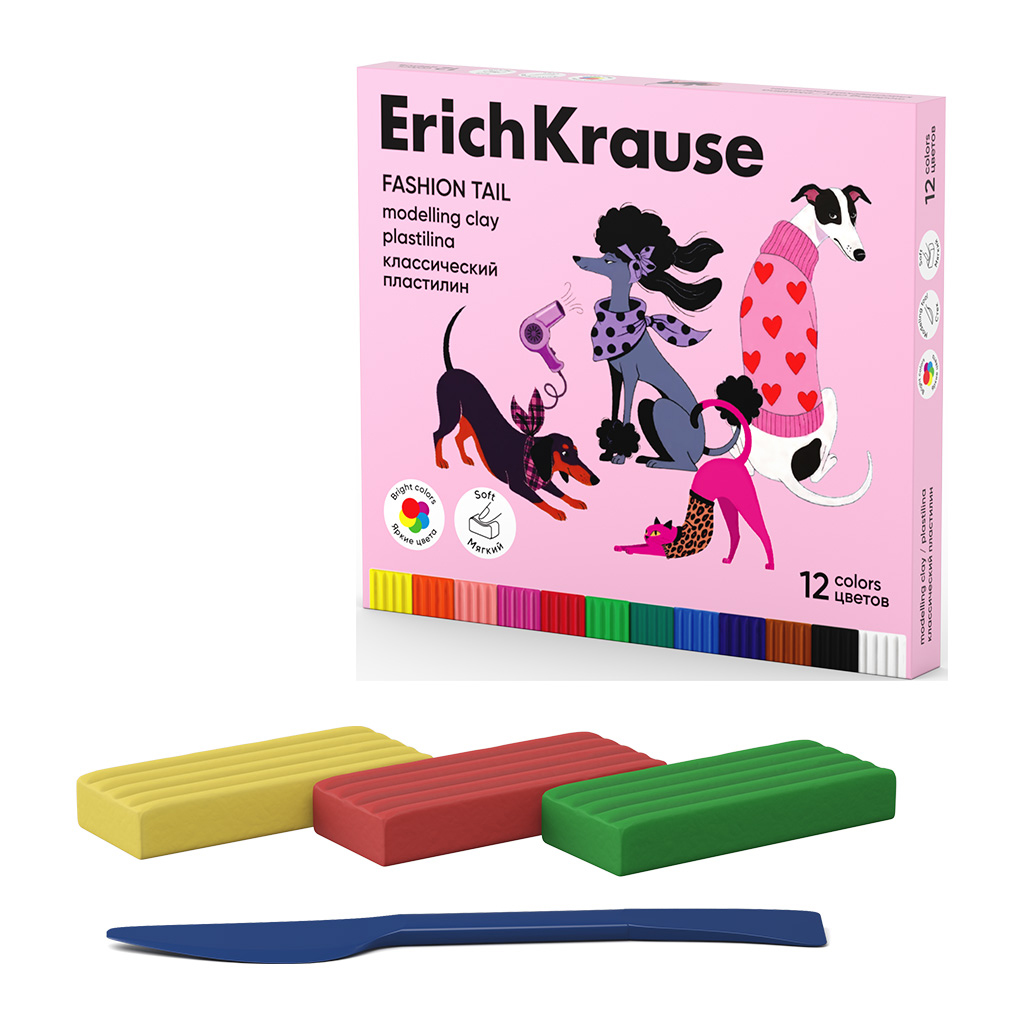 Пластилин классический ErichKrause Модный хвост 12 цветов со стеком, 192 г (в Пластилин классический ErichKrause Модный хвост 12 цветов со стеком, 192 г (в