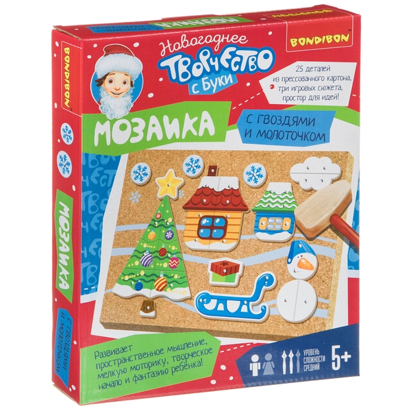 Новогодний набор для творчества BONDIBON. Мозаика с гвоздями и молоточком Новогодний набор для творчества BONDIBON. Мозаика с гвоздями и молоточком