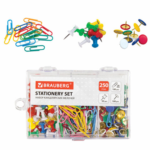 Набор BRAUBERG, скрепки цветные 28 мм/100 шт., кнопки канцелярские 100 шт., Набор BRAUBERG, скрепки цветные 28 мм/100 шт., кнопки канцелярские 100 шт.,