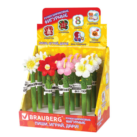 Ручка фигурная "ЦВЕТОЧКИ", СИНЯЯ, 4 дизайна ассорти, линия письма 0,5