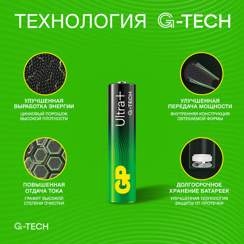 Батарейки КОМПЛЕКТ 2 шт., GP Ultra Plus G-Tech, AAA (LR03), алкалиновые,