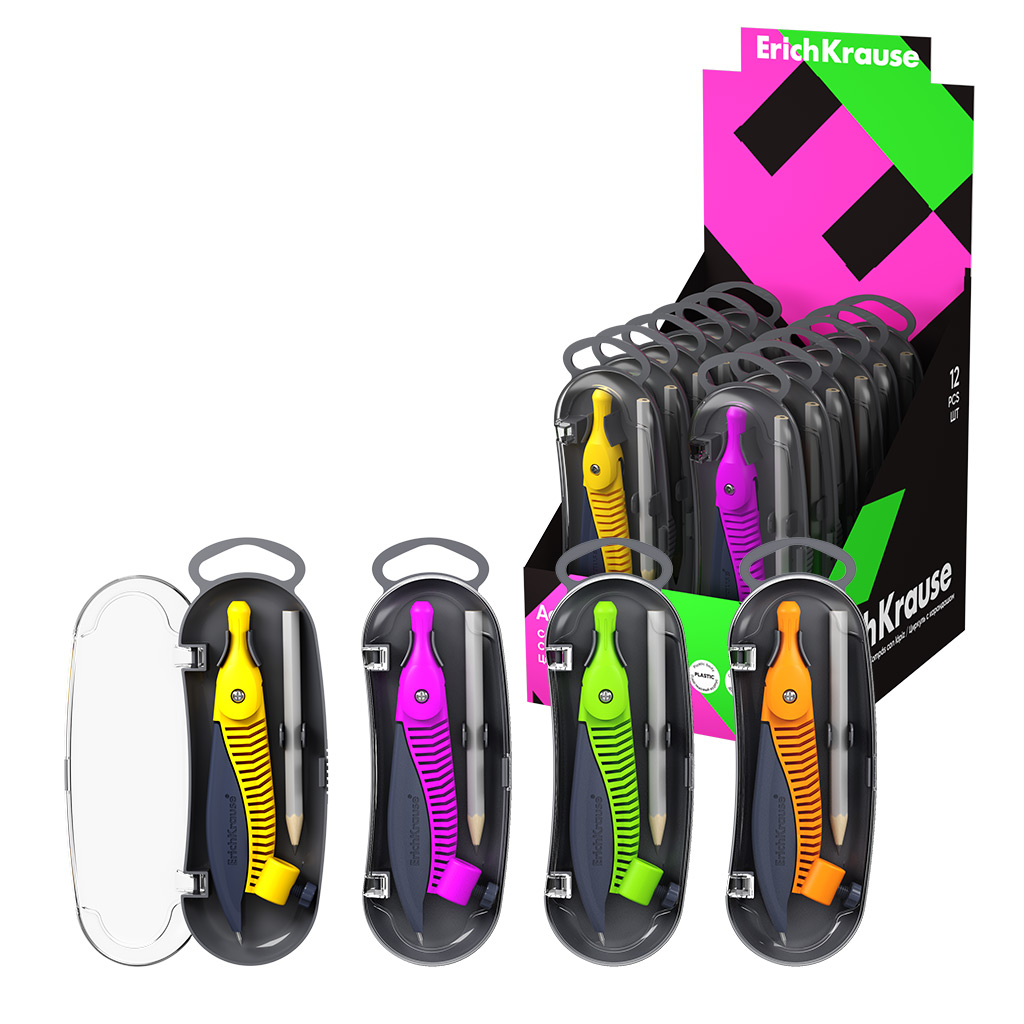 Циркуль пластиковый Erich Krause Accent, 122мм, с карандашом, пенал, ассорти (в Циркуль пластиковый Erich Krause Accent, 122мм, с карандашом, пенал, ассорти (в