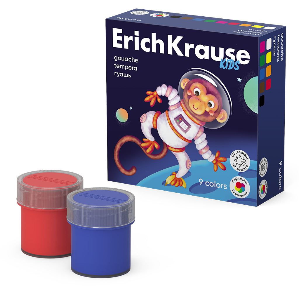 Гуашь Erich Krause Kids Space Animals с УФ защитой яркости 9 цветов по 20 мл. (в Гуашь Erich Krause Kids Space Animals с УФ защитой яркости 9 цветов по 20 мл. (в
