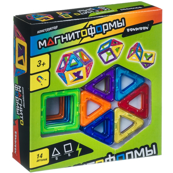 Магнитный конструктор МАГНИТОФОРМЫ Bondibon, набор 14 дет. (6 квадратов, 8 Магнитный конструктор МАГНИТОФОРМЫ Bondibon, набор 14 дет. (6 квадратов, 8