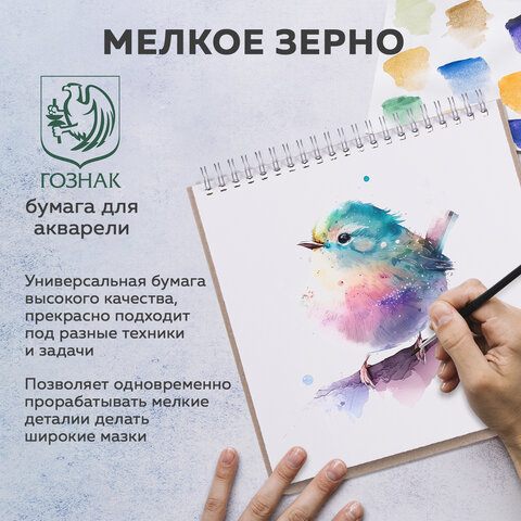 Скетчбук, акварельная бумага 200 г/м2, 195х195 мм, 20 л., мелкое зерно, гребень,