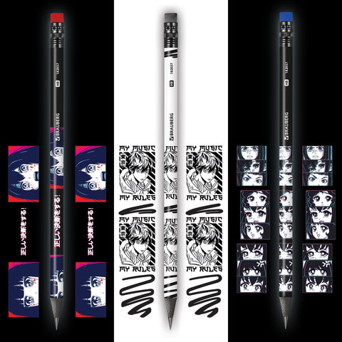 Набор карандашей чернографитных с принтом BRAUBERG "MANGA", 12 штук,