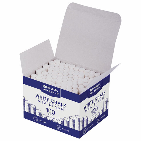 Мел белый BRAUBERG "АКАДЕМИЯ" (АЛГЕМ) 100 штук, круглый, мягкий, Мел белый BRAUBERG "АКАДЕМИЯ" (АЛГЕМ) 100 штук, круглый, мягкий,