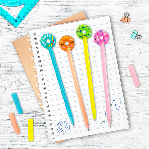 Ручка с топпером шариковая ЮНЛАНДИЯ "Пончик", корпус ассорти, СИНЯЯ, Ручка с топпером шариковая ЮНЛАНДИЯ "Пончик", корпус ассорти, СИНЯЯ,