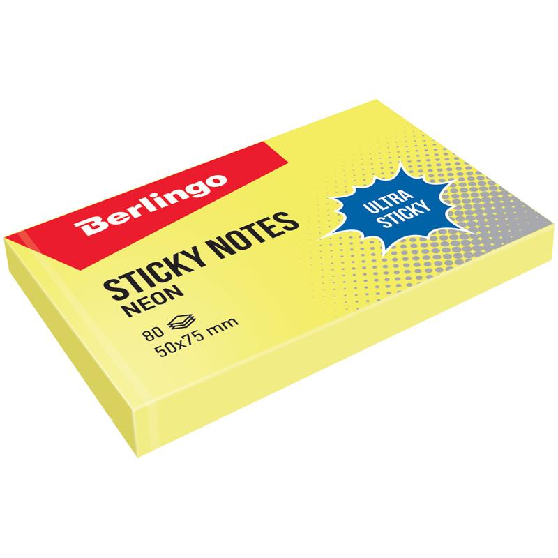 Самоклеящийся блок Berlingo "Ultra Sticky", 50*75мм, 80л, желтый неон. Самоклеящийся блок Berlingo "Ultra Sticky", 50*75мм, 80л, желтый неон.